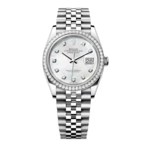 Datejust 36 in Oystersteel and white gold features a white mother-of-pearl diamond-set