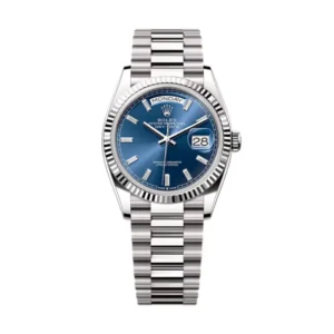 Day-Date 36 in 18 kt white gold with a bright blue diamond-set