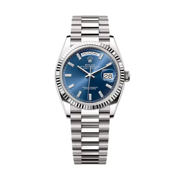 Day-Date 36 in 18 kt white gold with a bright blue diamond-set