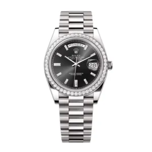 Day-Date 40 in 18 kt white gold, with a bright black diamond-set