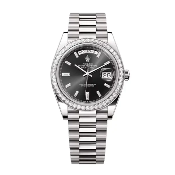 Day-Date 40 in 18 kt white gold, with a bright black diamond-set