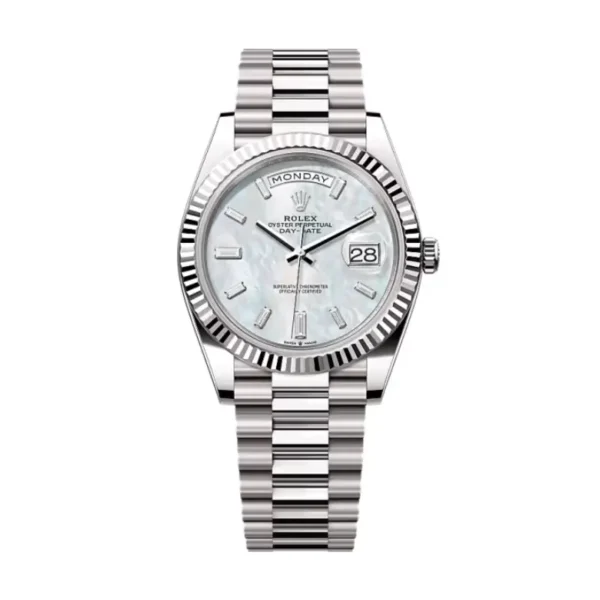 Day-Date 40 in 18 kt white gold with a white mother-of-pearl diamond-set