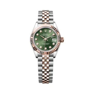 Lady-Datejust in Oystersteel and Everose gold features an olive-green diamond-set