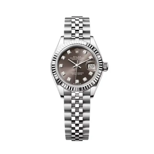 Lady-Datejust in Oystersteel and white gold features a dark grey diamond-set